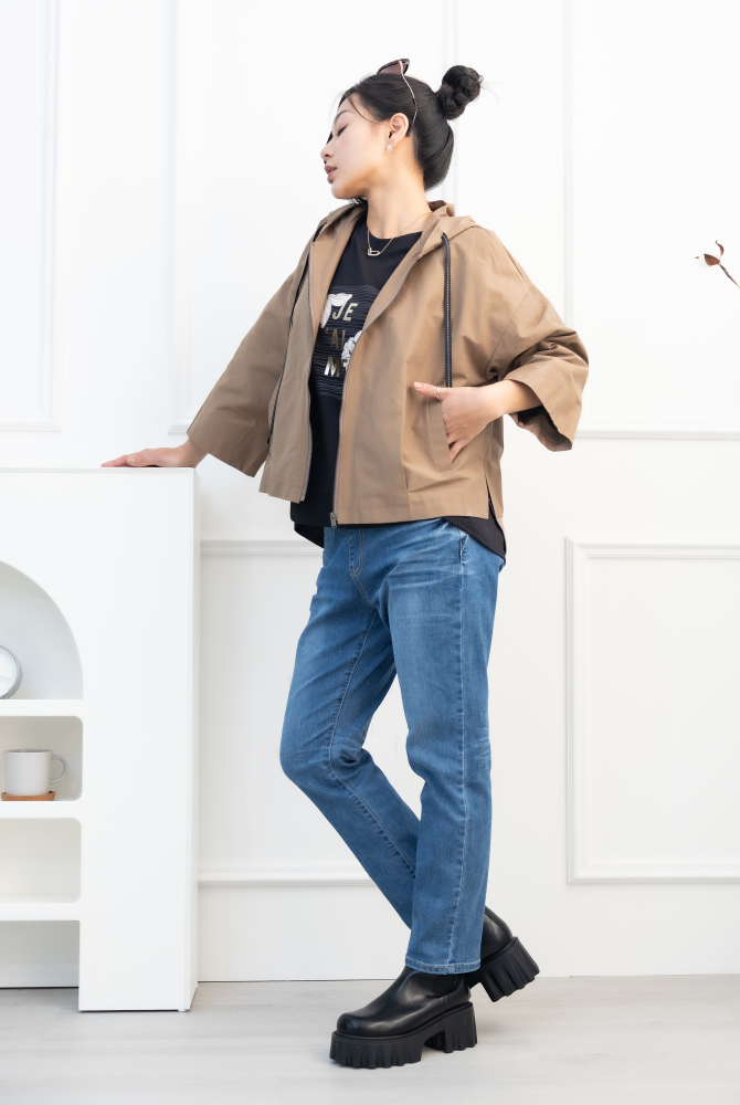 긴팔 코트 箭頭圖織帶七分袖外套 / 咖啡色