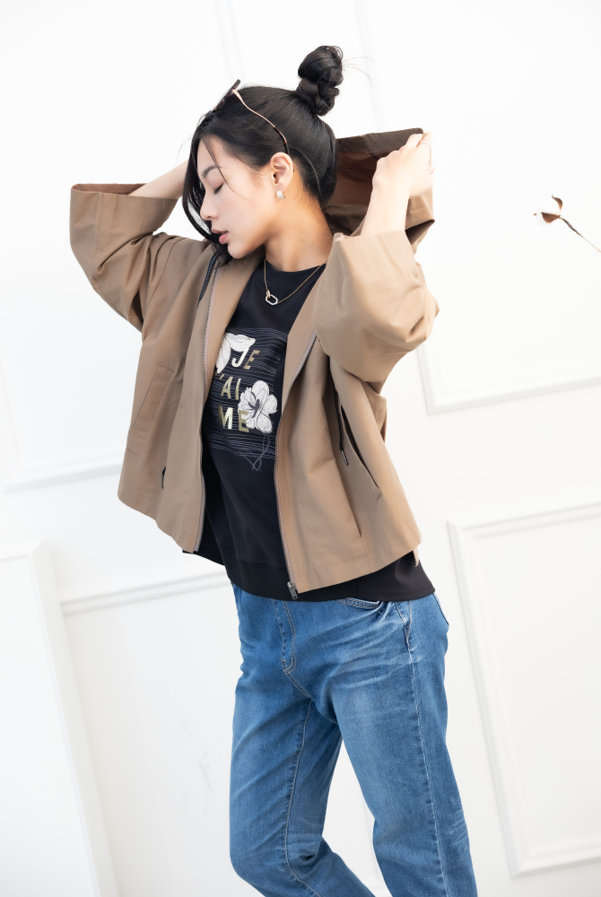 긴팔 코트 箭頭圖織帶七分袖外套 / 咖啡色