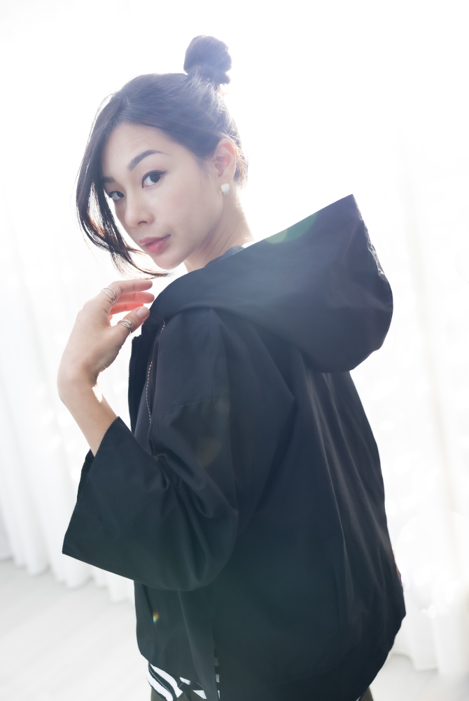 긴팔 코트 箭頭圖織帶七分袖外套 / 黑色