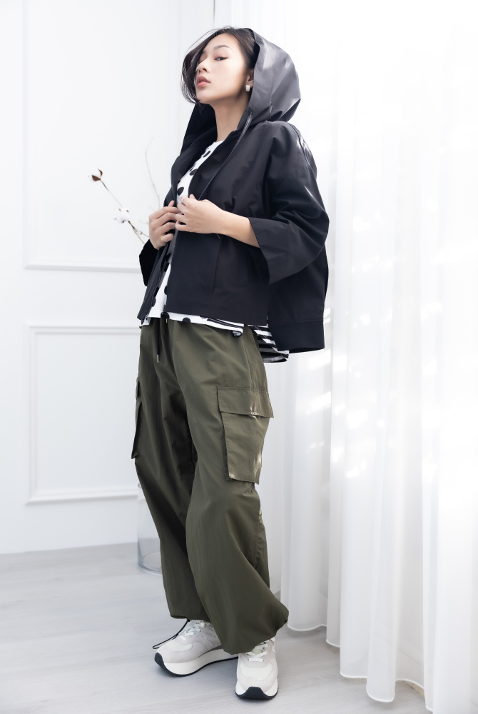 긴팔 코트 箭頭圖織帶七分袖外套 / 黑色