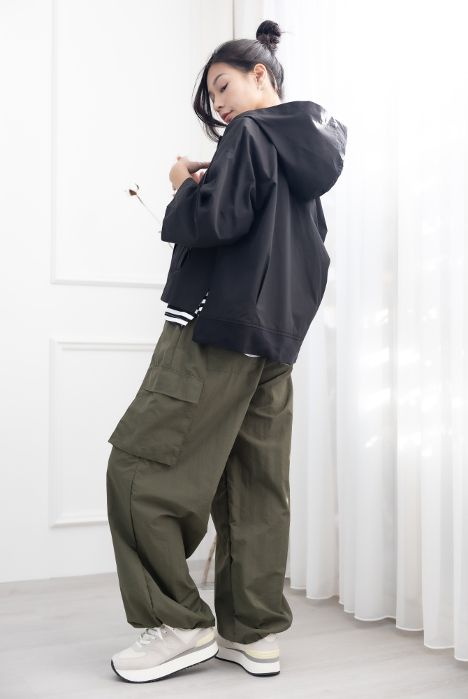 긴팔 코트 箭頭圖織帶七分袖外套 / 黑色