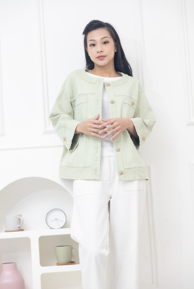 코트 大鈕扣胸兩側口袋外套 / 蘋果綠色