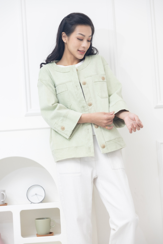 코트 大鈕扣胸兩側口袋外套 / 蘋果綠色