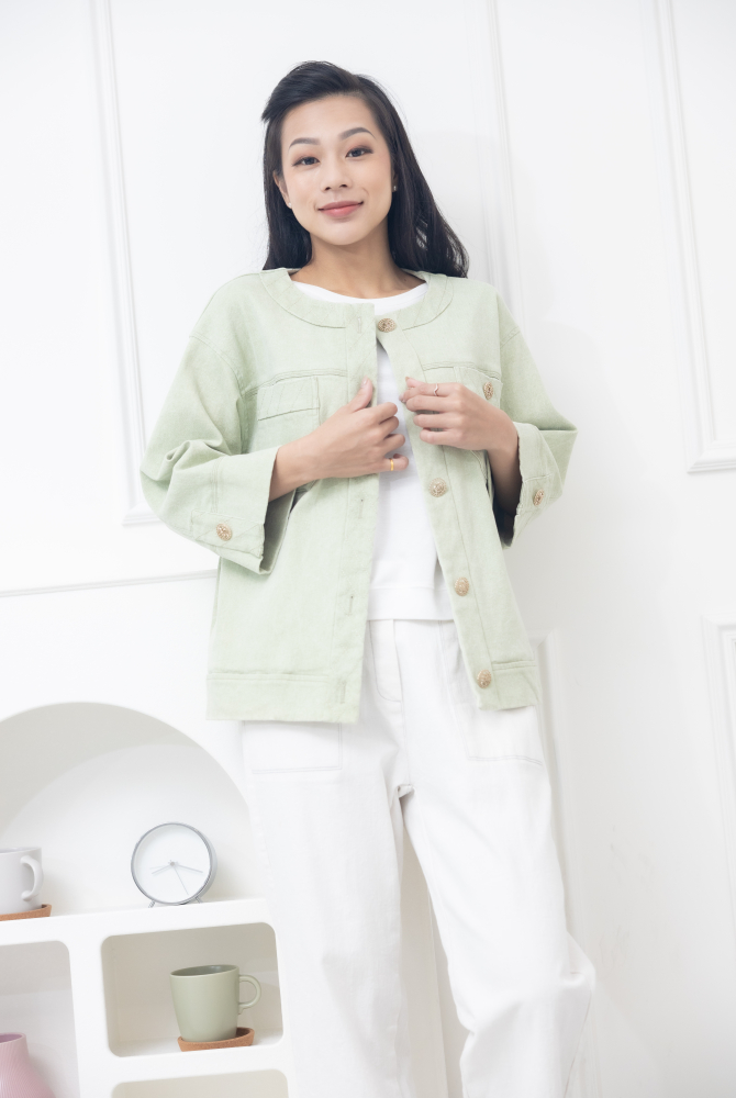 코트 大鈕扣胸兩側口袋外套 / 蘋果綠色