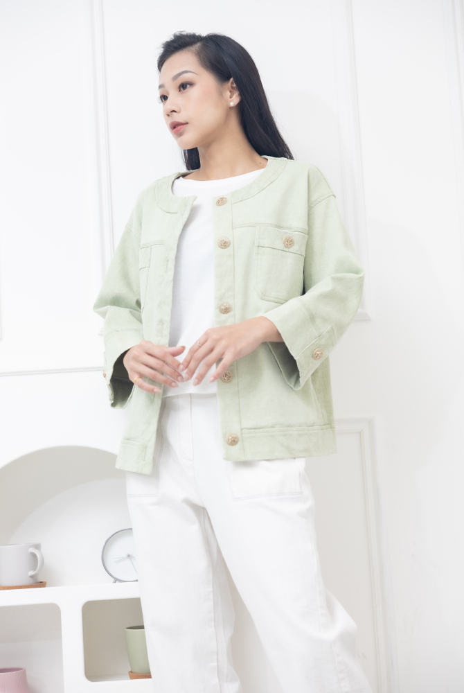 코트 大鈕扣胸兩側口袋外套 / 蘋果綠色
