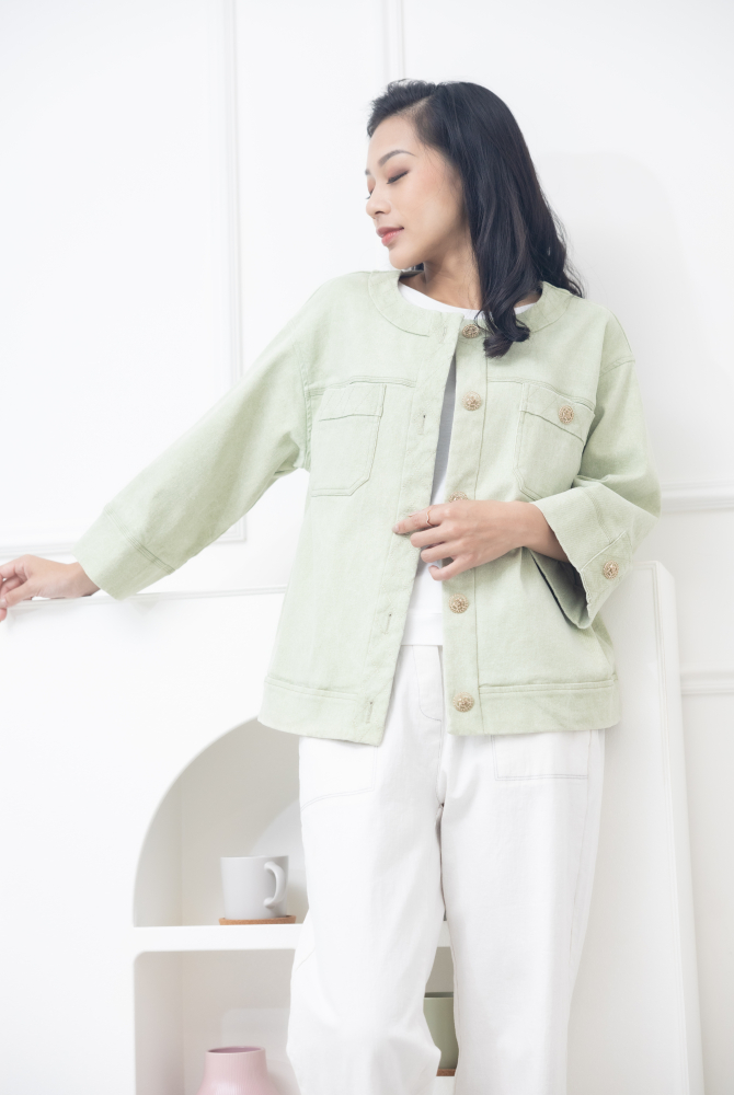 코트 大鈕扣胸兩側口袋外套 / 蘋果綠色