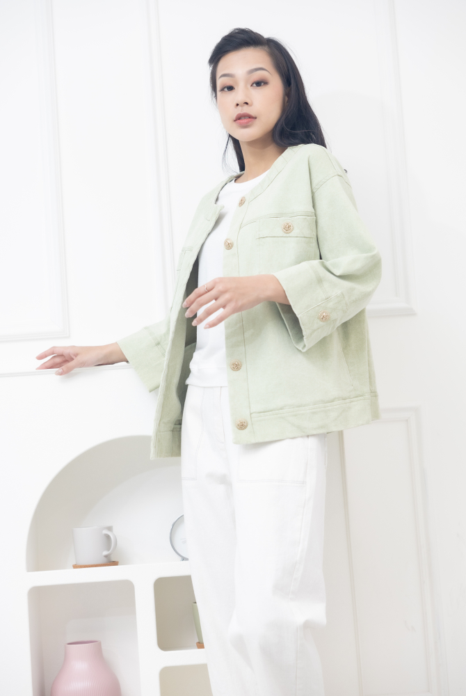 코트 大鈕扣胸兩側口袋外套 / 蘋果綠色