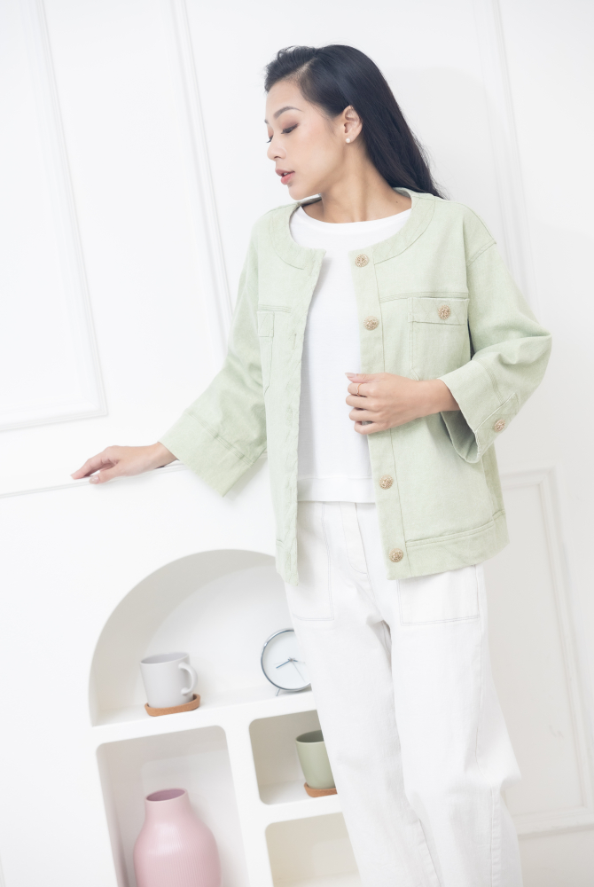 코트 大鈕扣胸兩側口袋外套 / 蘋果綠色