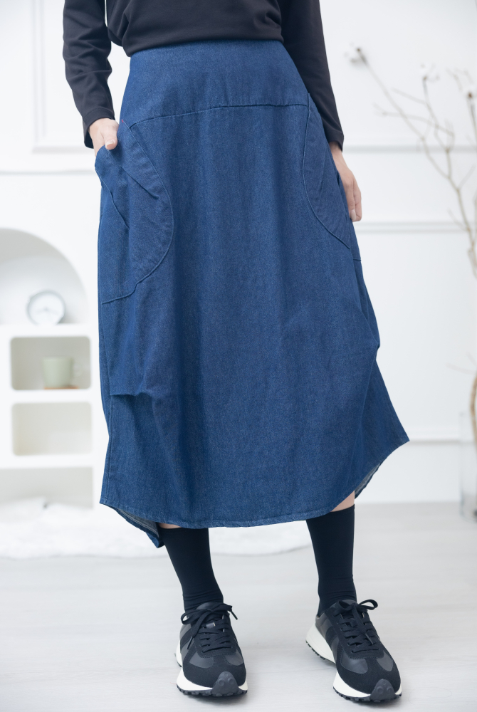 치마 前短後長傘狀牛仔裙 / 藍色