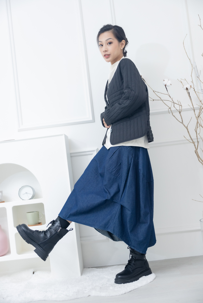 치마 前短後長傘狀牛仔裙 / 藍色