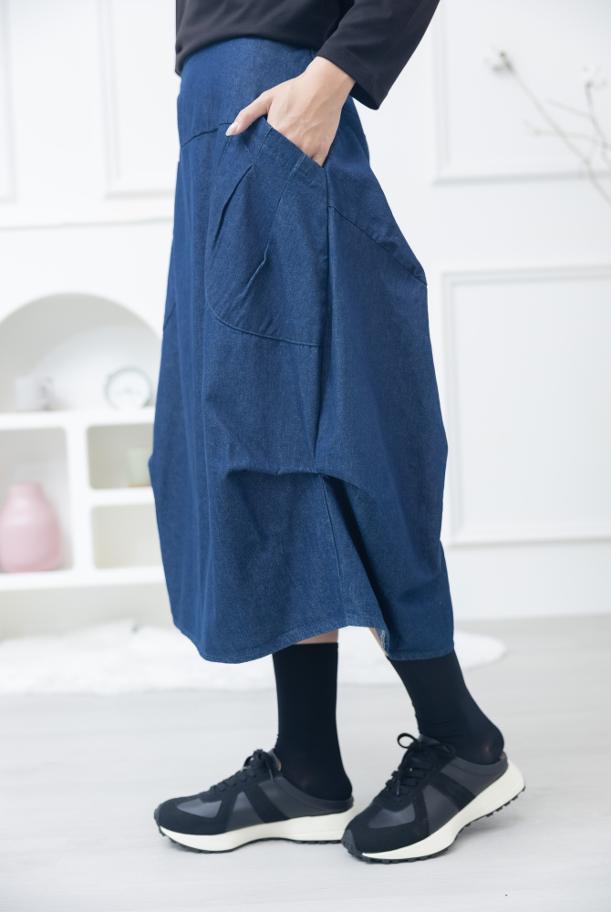 치마 前短後長傘狀牛仔裙 / 藍色