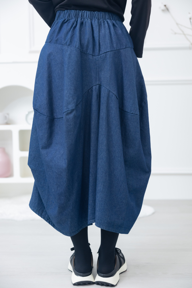 치마 前短後長傘狀牛仔裙 / 藍色