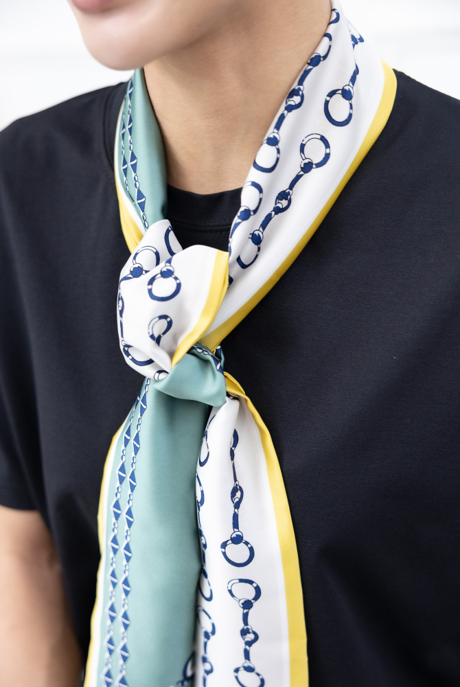 스카프 綠底米色底手銬圖案長圍巾 / 黃邊