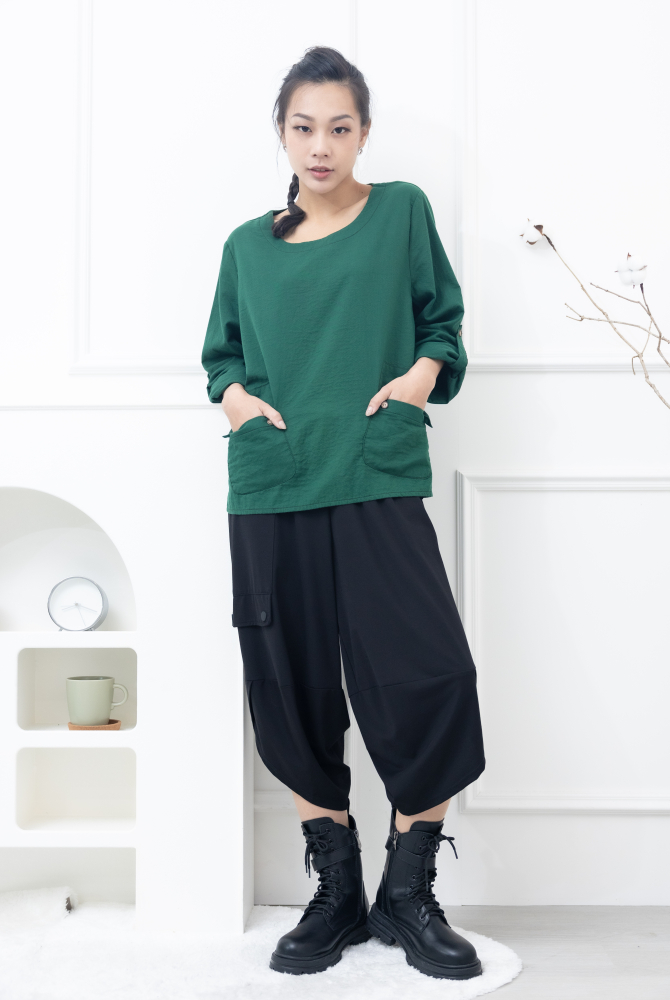 긴팔 船型領下擺開叉上衣 / 軍綠色