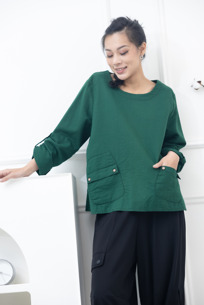 긴팔 船型領下擺開叉上衣 / 軍綠色