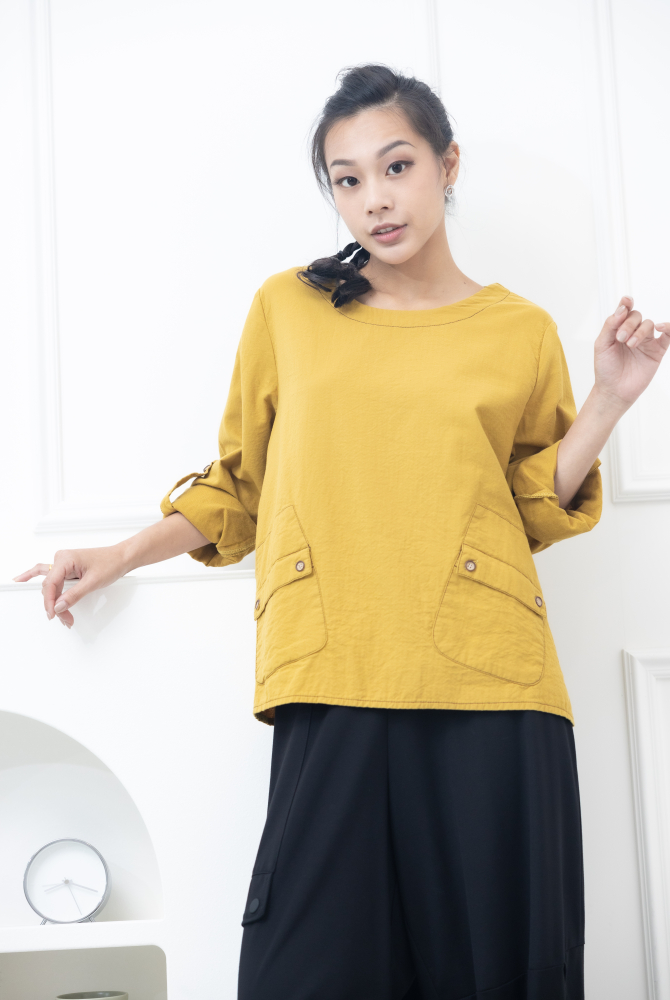 긴팔 船型領下擺開叉上衣 / 芥黃色