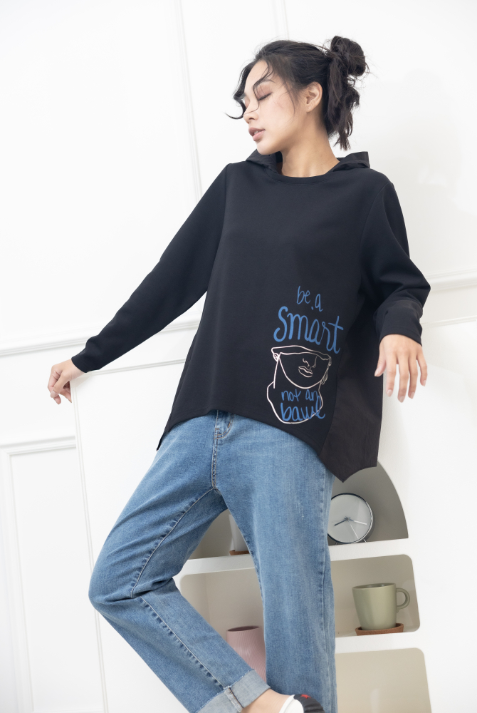 긴팔 半臉印花後拼棉布上衣 / 黑色