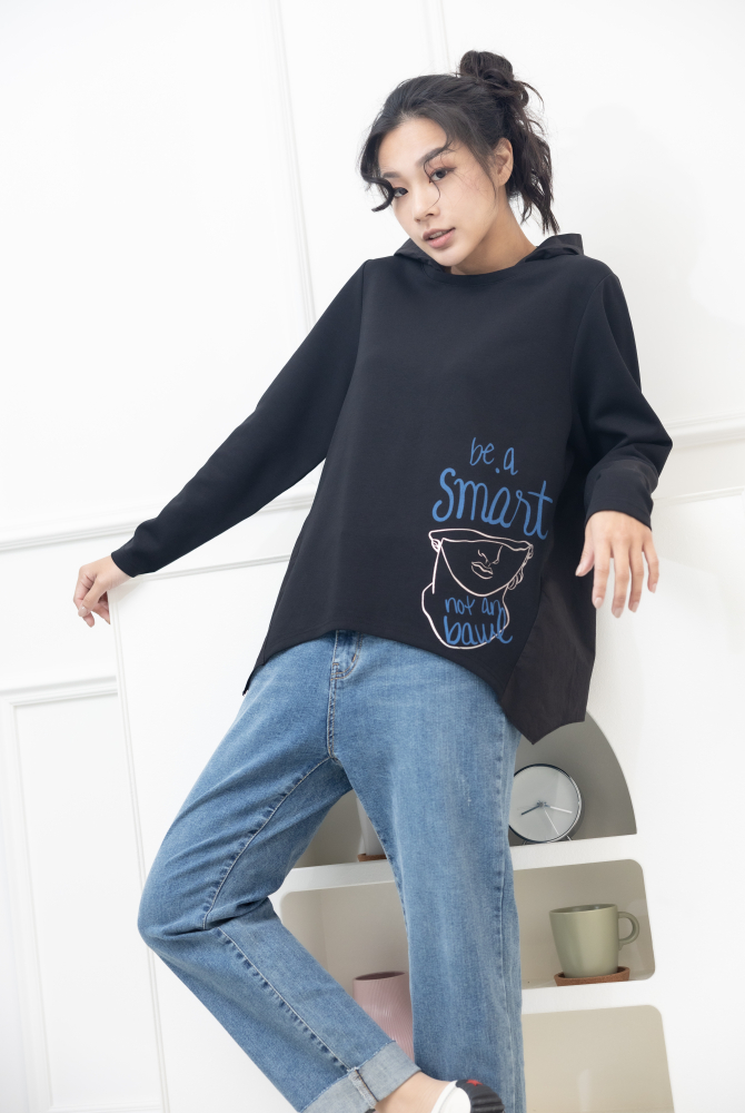 긴팔 半臉印花後拼棉布上衣 / 黑色