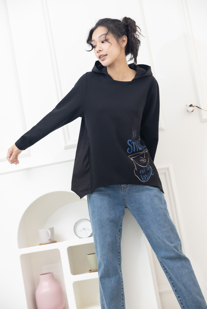 긴팔 半臉印花後拼棉布上衣 / 黑色