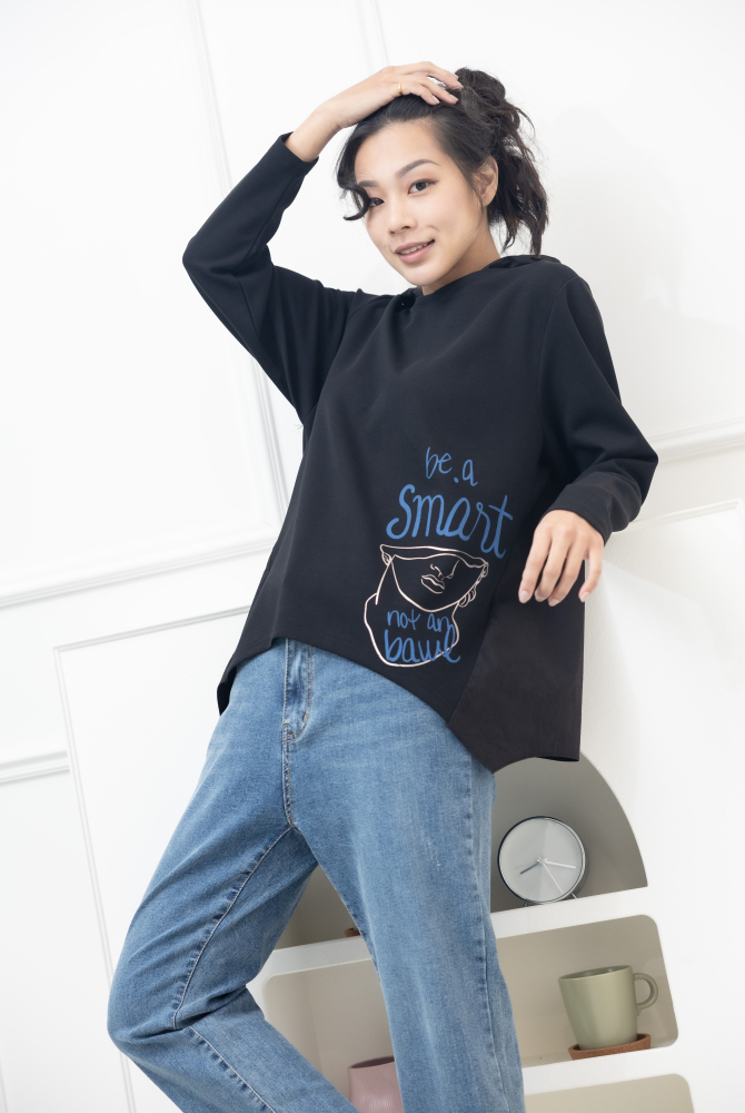 긴팔 半臉印花後拼棉布上衣 / 黑色