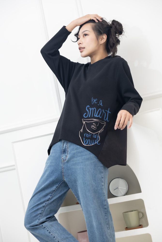 긴팔 半臉印花後拼棉布上衣 / 黑色