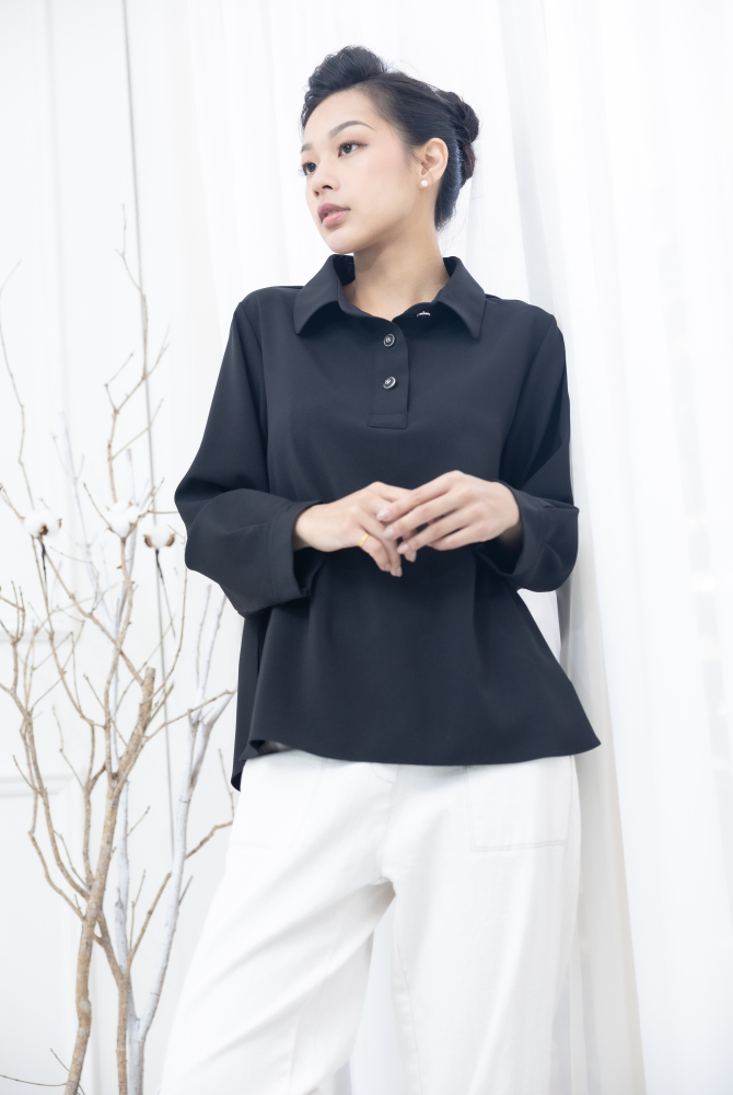 긴팔 立領 A字型 腰部抓皺長袖上衣／黑色