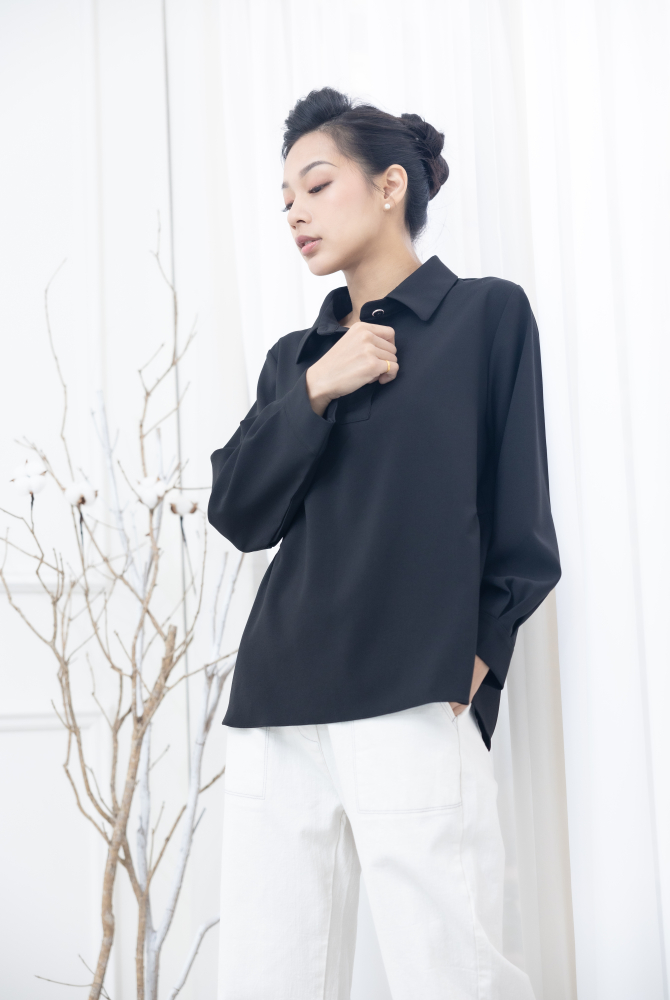 긴팔 立領 A字型 腰部抓皺長袖上衣／黑色