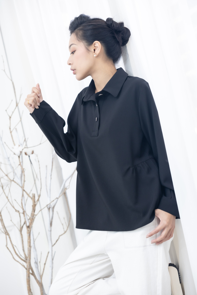 긴팔 立領 A字型 腰部抓皺長袖上衣／黑色