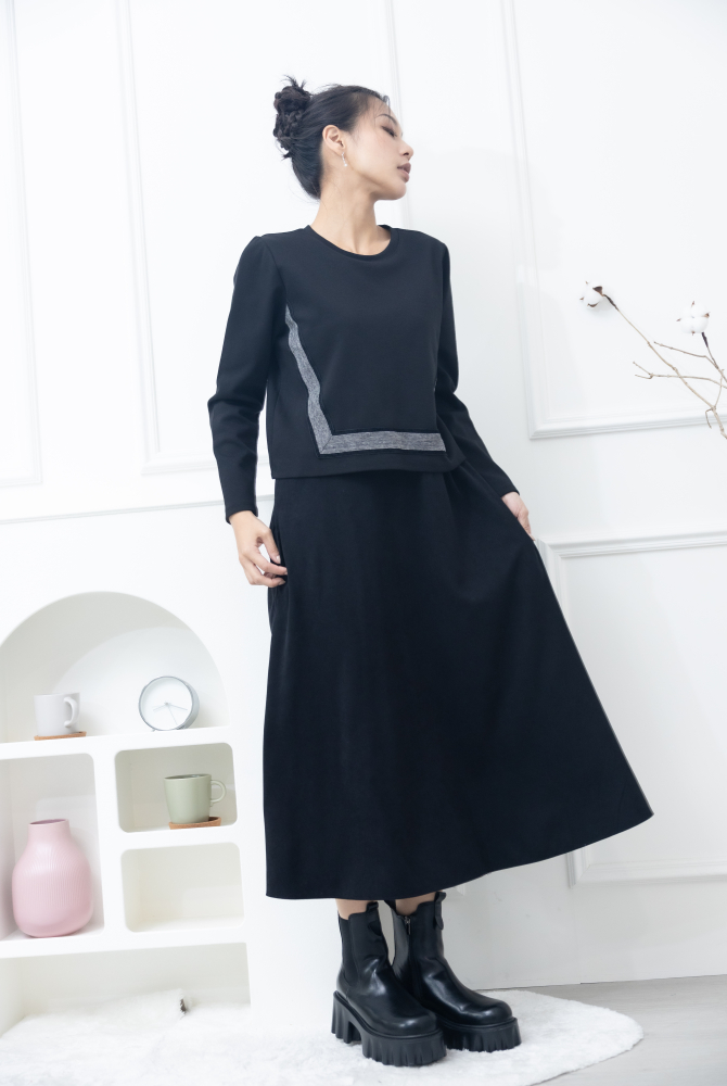 원피스 黑白細格織帶假二件長洋裝 / 黑色