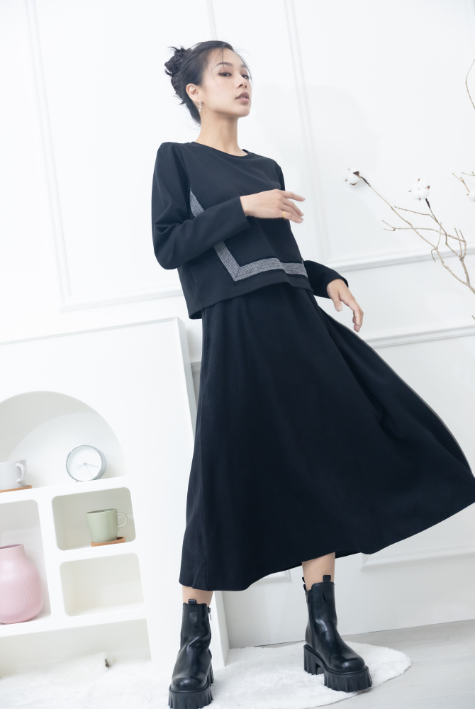 원피스 黑白細格織帶假二件長洋裝 / 黑色