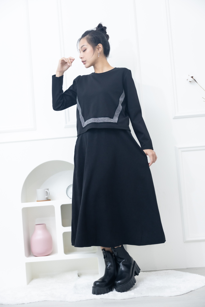 원피스 黑白細格織帶假二件長洋裝 / 黑色