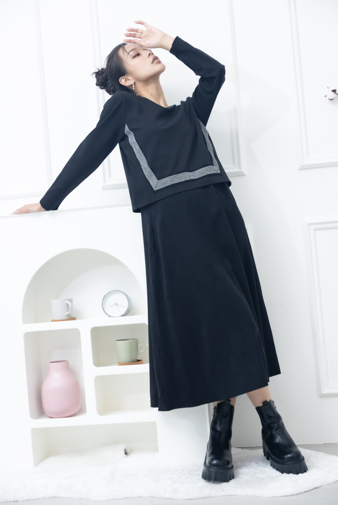 원피스 黑白細格織帶假二件長洋裝 / 黑色