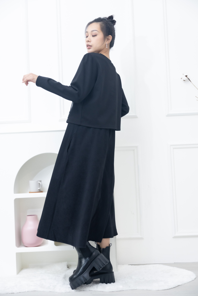 원피스 黑白細格織帶假二件長洋裝 / 黑色