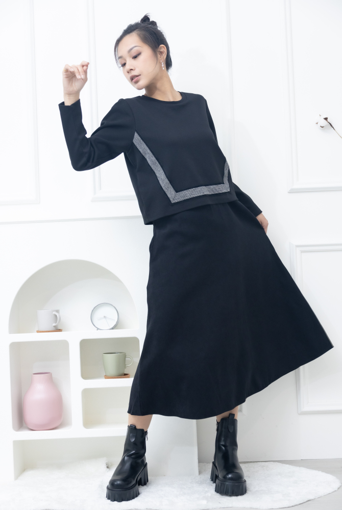 원피스 黑白細格織帶假二件長洋裝 / 黑色