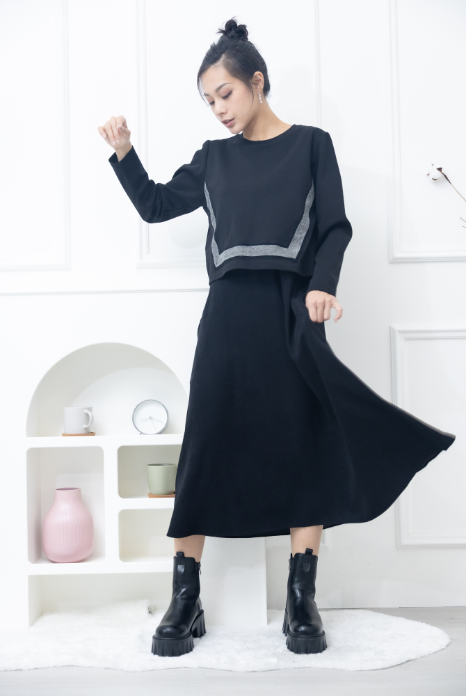 원피스 黑白細格織帶假二件長洋裝 / 黑色