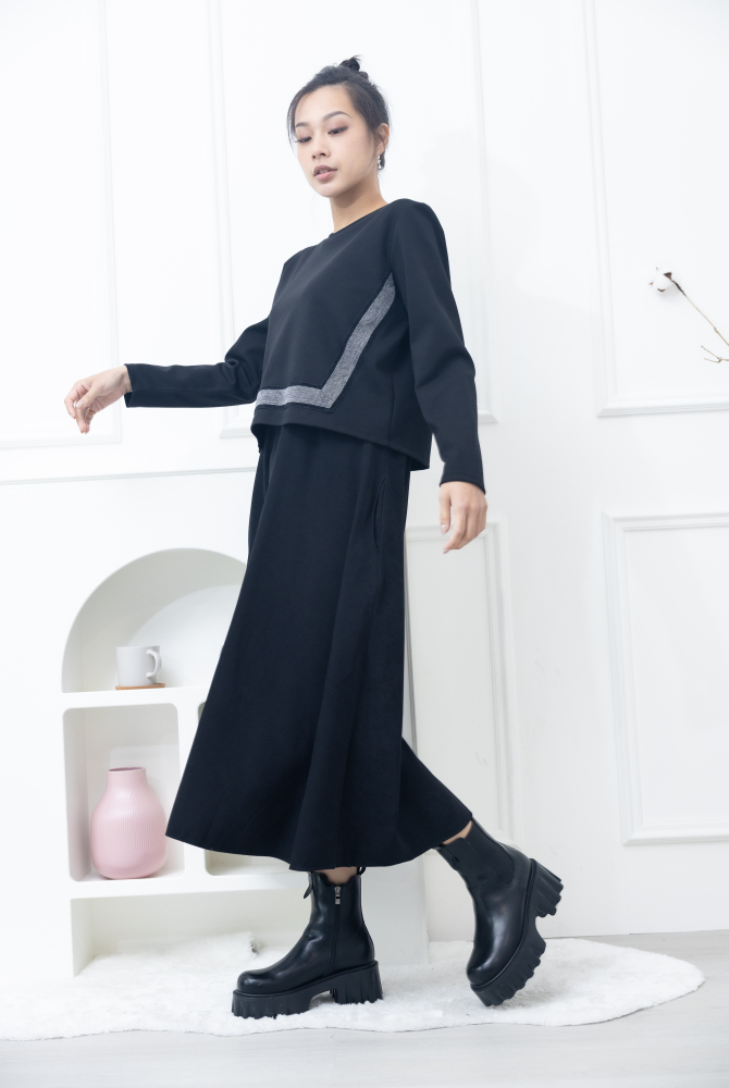 원피스 黑白細格織帶假二件長洋裝 / 黑色