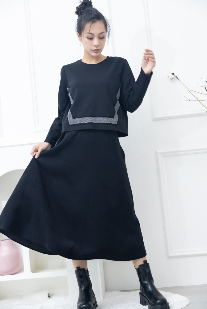 원피스 黑白細格織帶假二件長洋裝 / 黑色