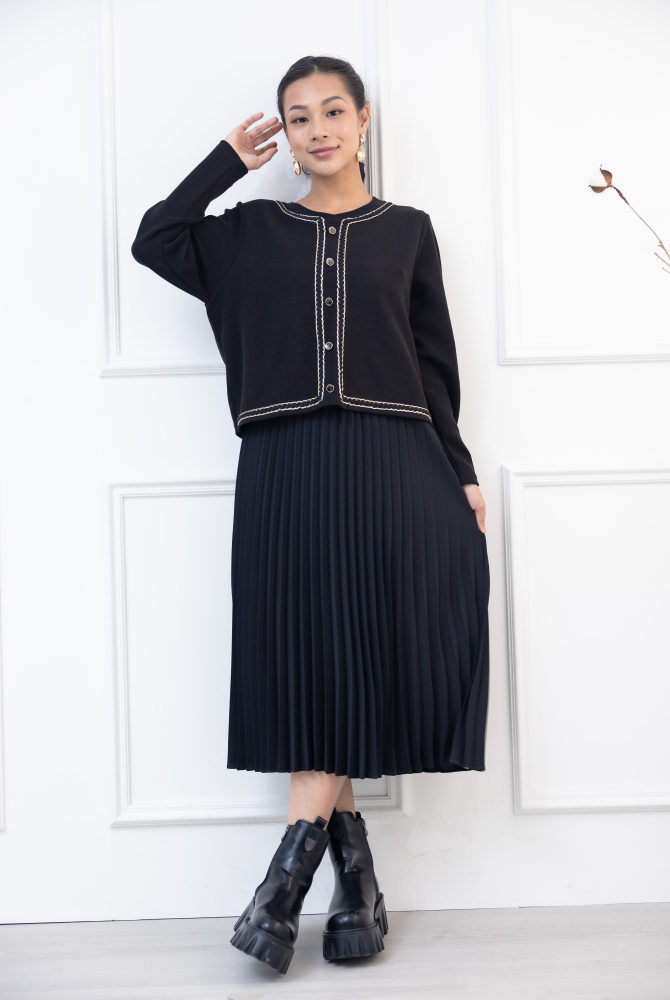 원피스 小香風假二件長洋裝 / 黑色