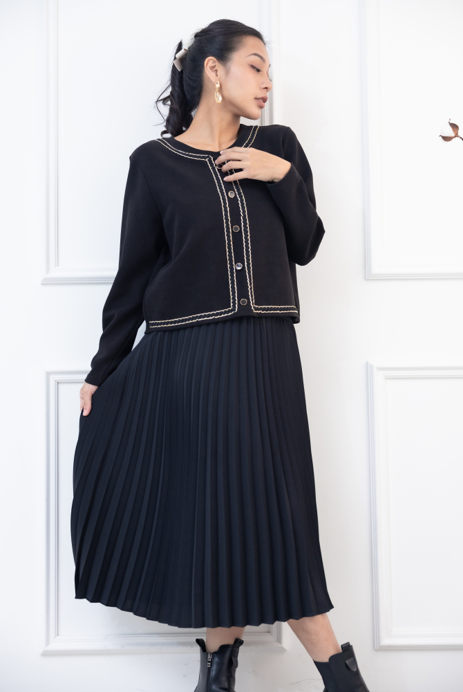 원피스 小香風假二件長洋裝 / 黑色