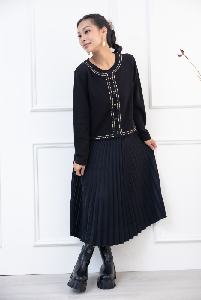 원피스 小香風假二件長洋裝 / 黑色