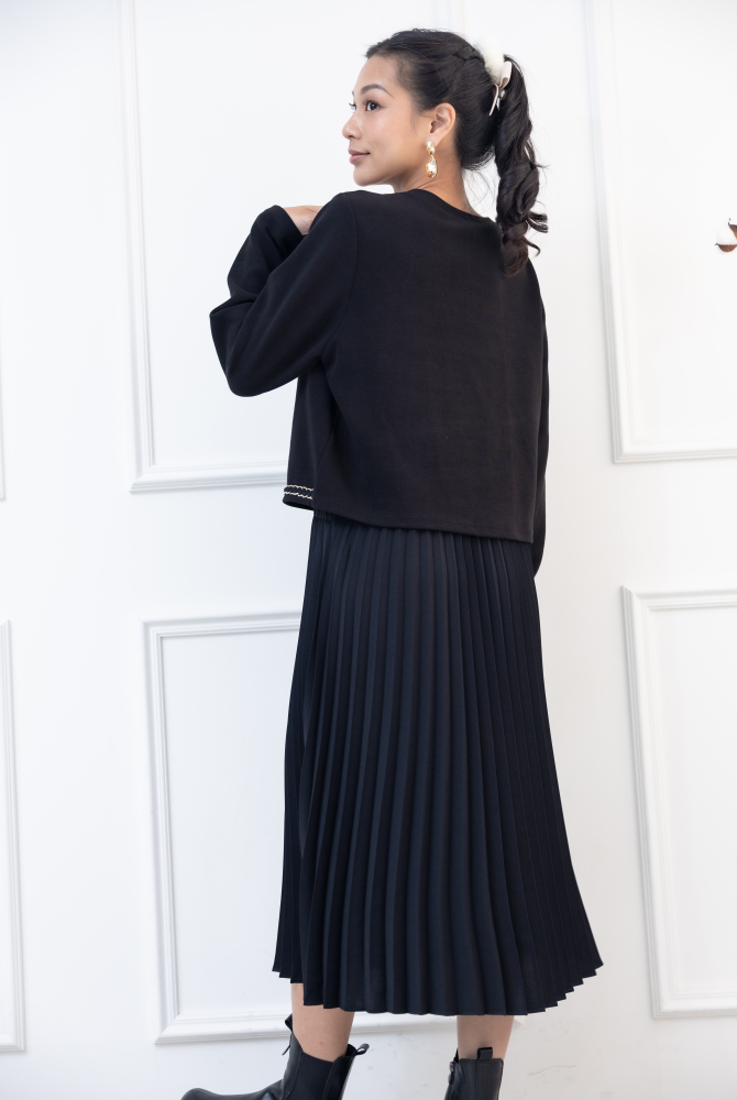 원피스 小香風假二件長洋裝 / 黑色