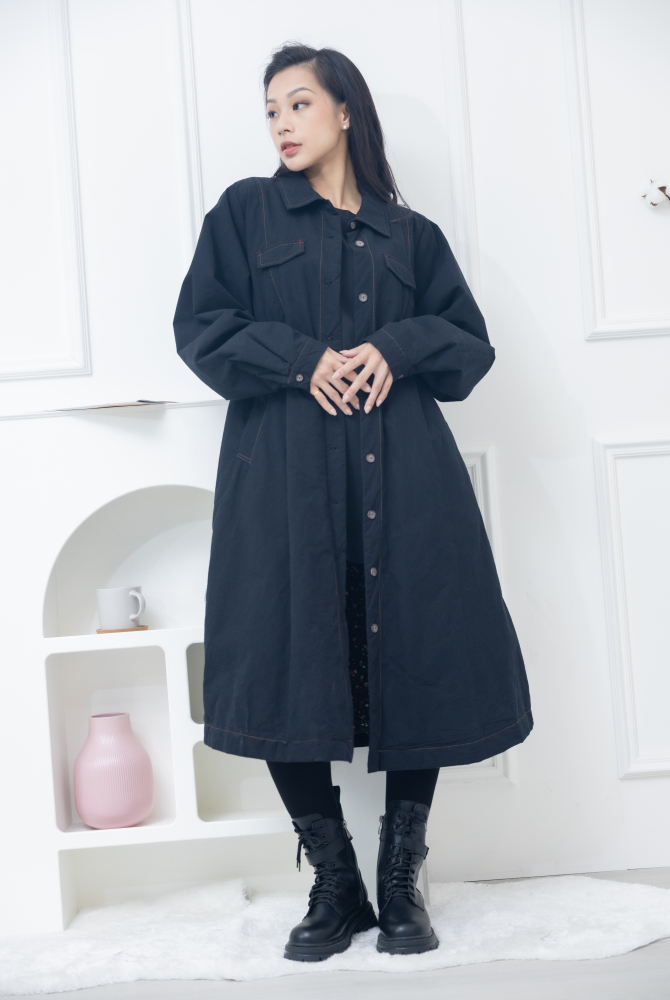 코트 立領假口袋長版外套 / 黑色