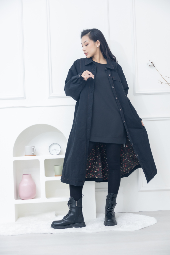 코트 立領假口袋長版外套 / 黑色