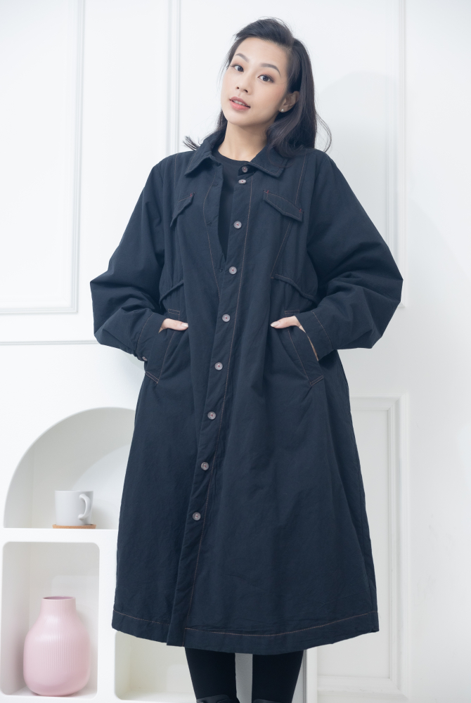 코트 立領假口袋長版外套 / 黑色