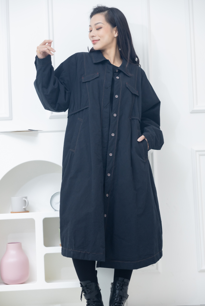 코트 立領假口袋長版外套 / 黑色