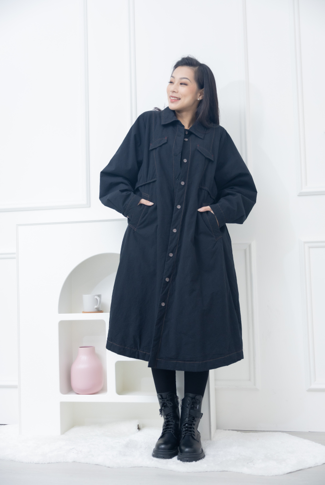 코트 立領假口袋長版外套 / 黑色