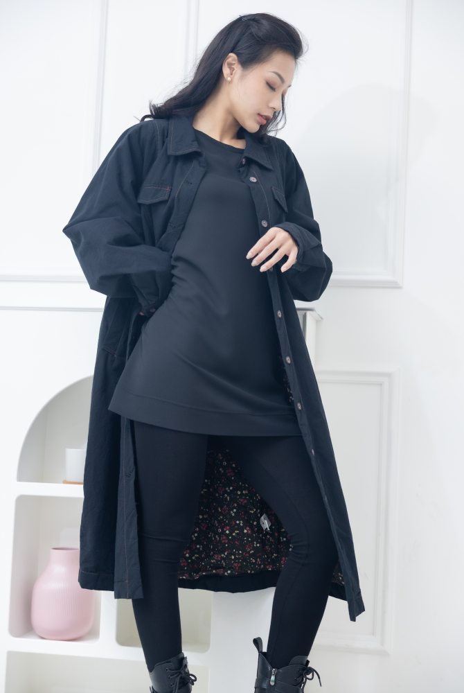 코트 立領假口袋長版外套 / 黑色