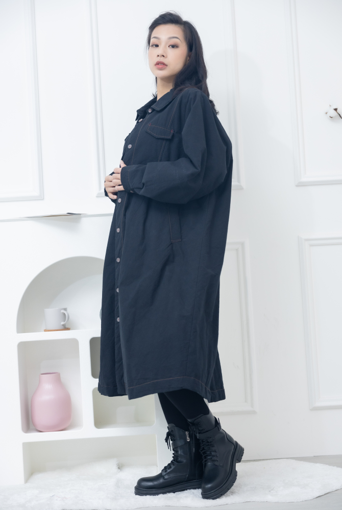 코트 立領假口袋長版外套 / 黑色