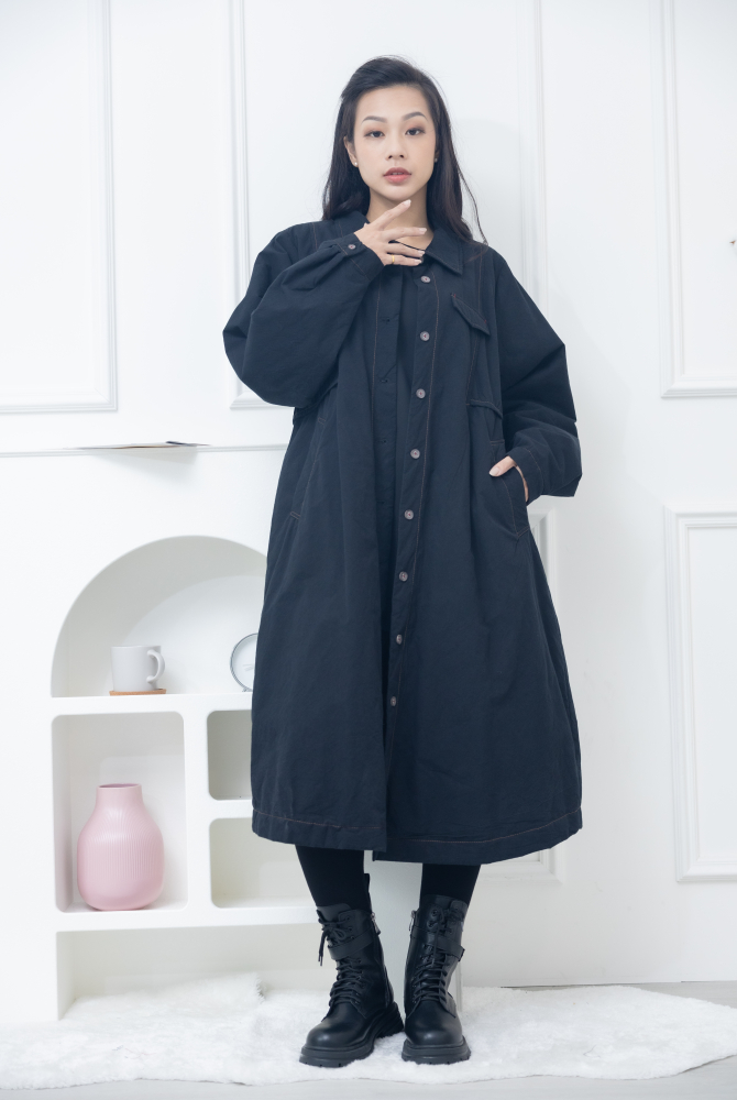 코트 立領假口袋長版外套 / 黑色