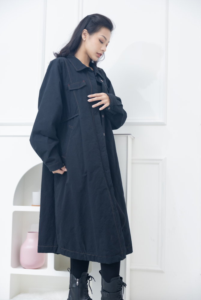코트 立領假口袋長版外套 / 黑色